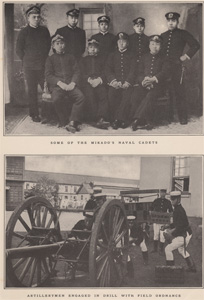 SOME OF THE MIKADO'S NAVAL CADETS ARTILLERYMEN ENGAGED IN DRILL WITH FIELD ORDNANCE